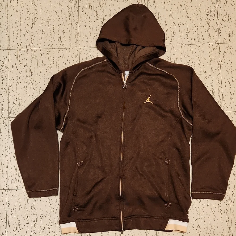Air Jordan Embroidered Jumpman Logo Full Zip Sweater Vintage Y2K Brown And Gold - Picture 1 of 15